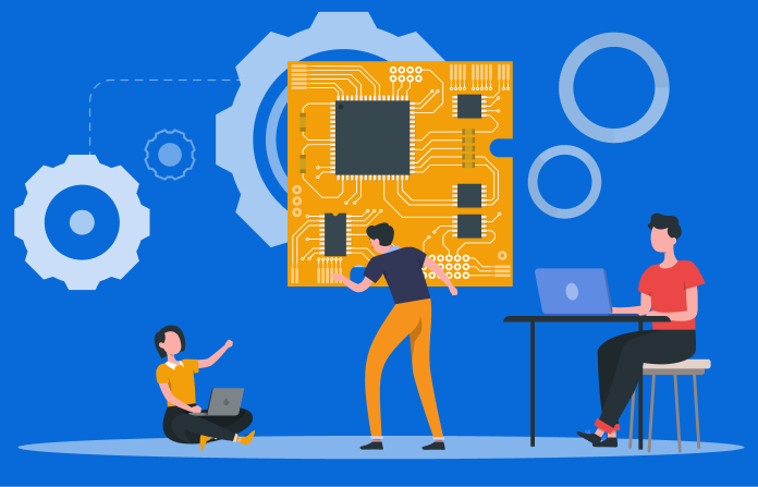 Illustration of developers working on a microchip design with laptops and gears.