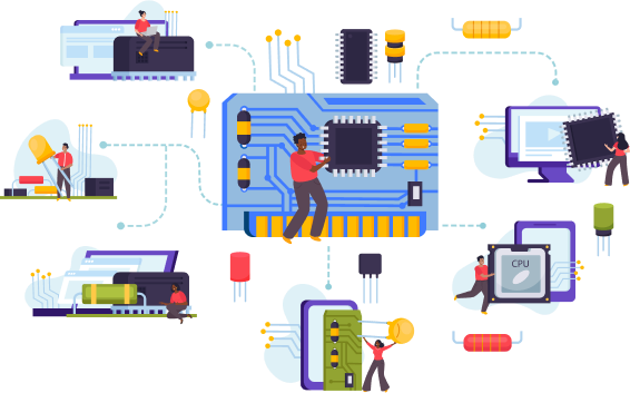 Engineers working on embedded hardware with microchips, circuits, and processors